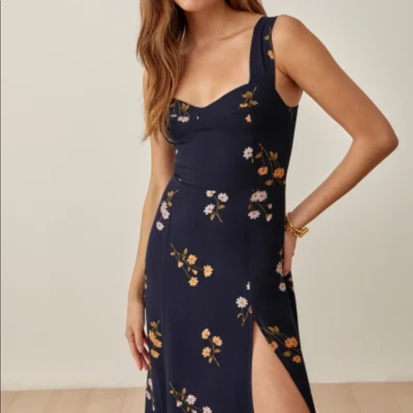 Reformation Navy Floral Midi Dress with Yellow & Pink Blooms - Picture 2 of 7